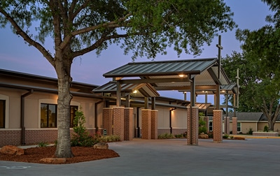 Exterior view of Harvest Bible Church in Cypress, Texas.